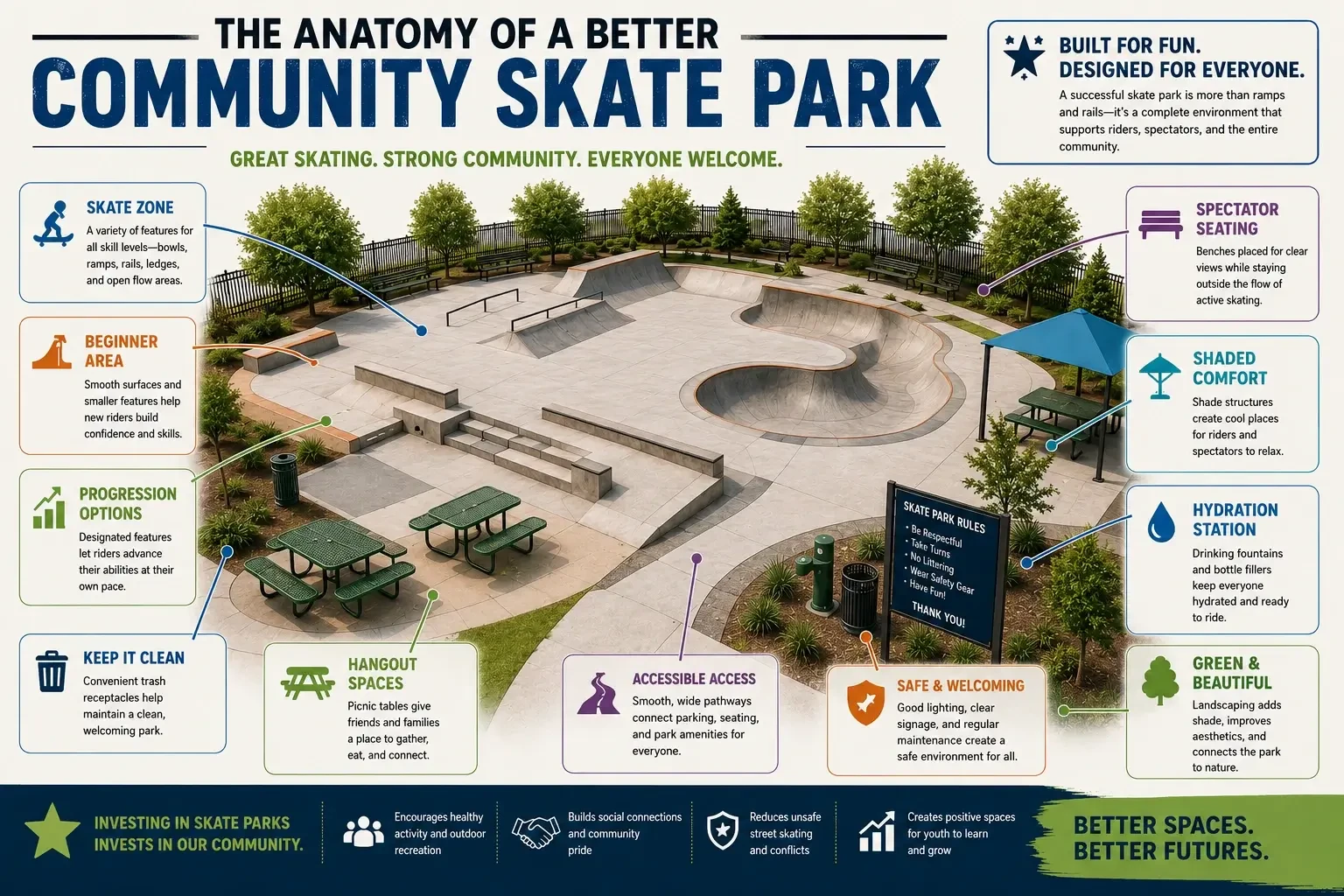 Community skate park infographic showing skating zones, beginner areas, seating, shade, picnic tables, accessibility, hydration, and other amenities.